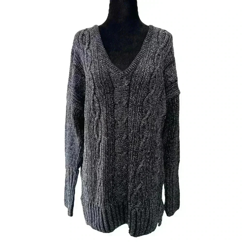 Topshop Oversized Sweater Cable Knit V Neck Tunic Black Silver Metallic Small 4